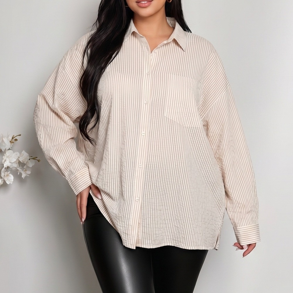 Missguided Womens Oversized Striped Button Down Shirt Beige White 14